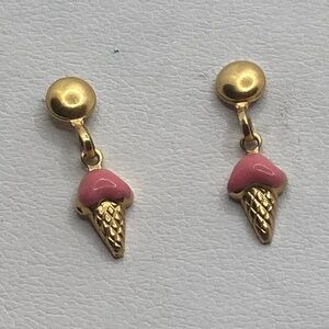 Vtg 14k Yellow Gold Pink Enamel Ice Cream Cone Stud Earrings .7”